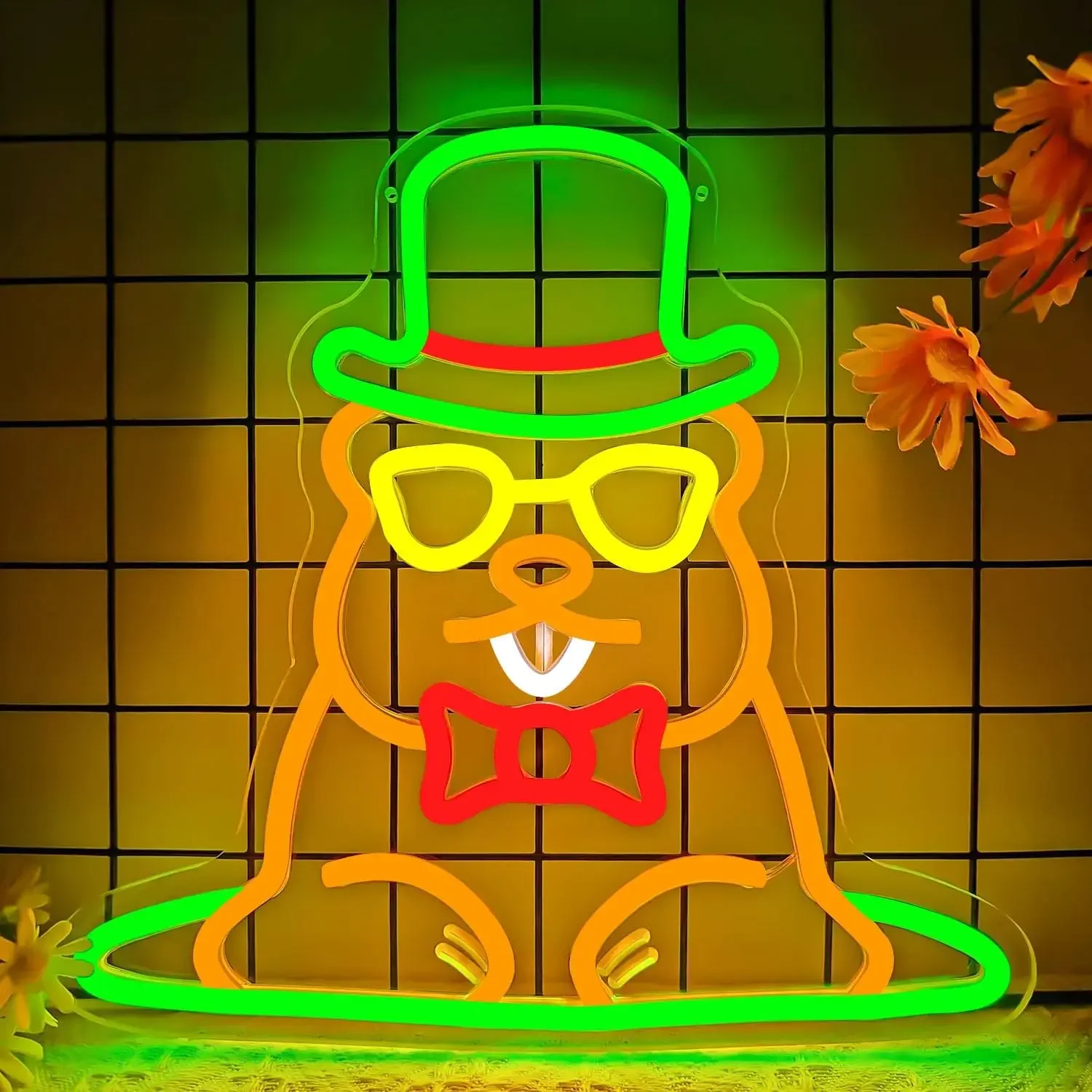 Cute Groundhog Neon Sign Green Top Hat Glasses LED Wall Art Acrylic USB Dimmable Hanging Light Funny Animal Decor for Home Party