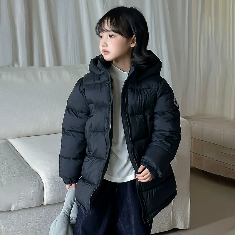 3-12 Years Boys Girls Winter Mid-Length Cotton Coat Kids Hooded Thick Warm Windproof Zipper Jacket Letter Icon Casual Outerwear