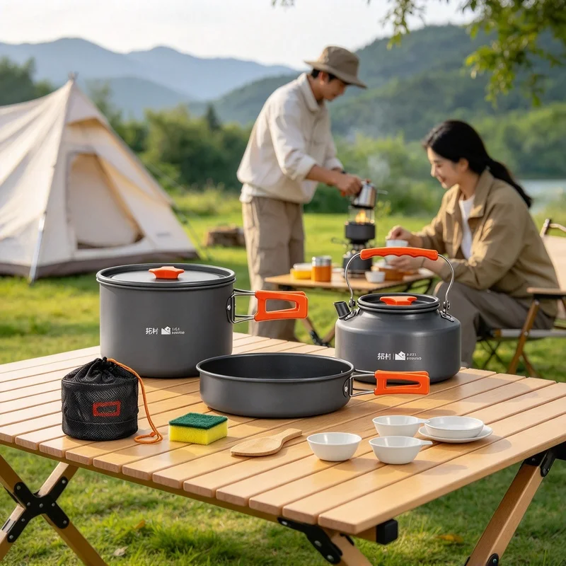 Ultralight Aluminum Camping Cookware Set, 10-Piece Pot, Kettle & Pan Kit with Carry Bag for Outdoor Cooking