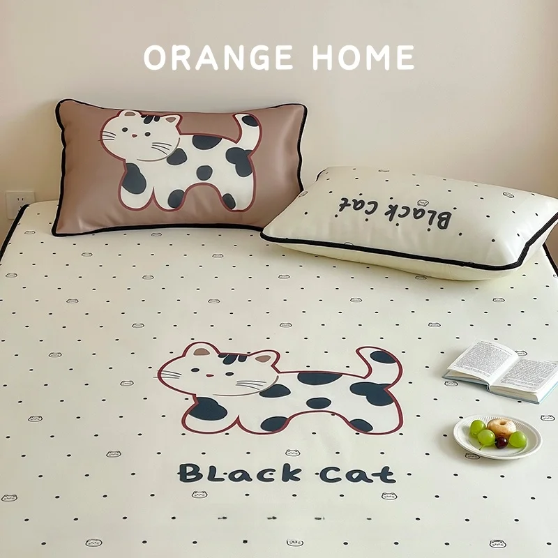 summer-ice-silk-cooling-mat-three-piece-set-dormitory-machine-washable-cute-cartoon-girls-breathable-comfortable-bedding-sheets