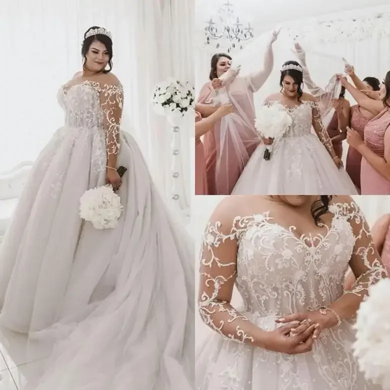 

Customized Plus Size Ball Gown Wedding Dresses Jewel Neck Illusion Lace Pearls Beaded Long Sleeves Puffy Tulle Court Train Forma