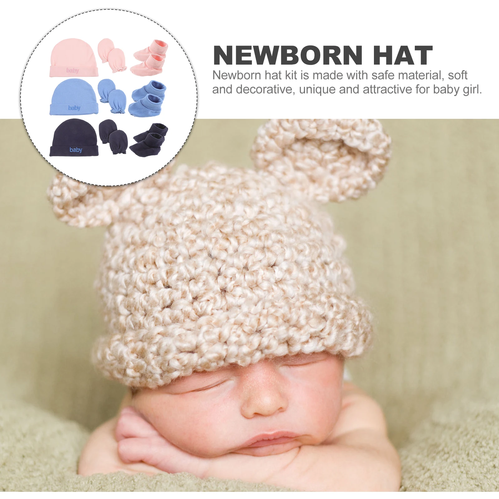 

3 Sets Mittens For Baby Boy Hat Mittens Socks Kit Newborn Girl Pink Denim Blue Soft Decorative Stylish Comfortable Adorable