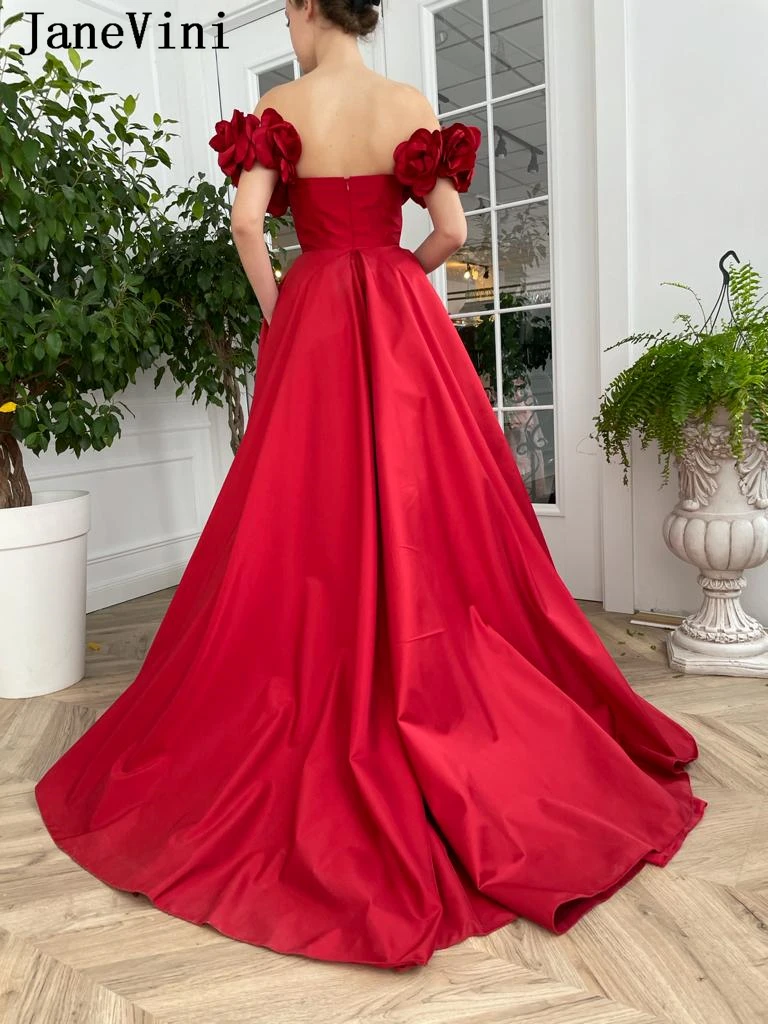 JaneVini Red Flowers Satin Evening Prom Dresses with Slit Pockets Button Off Shoulder A-Line Women Backless Formal Party Gowns