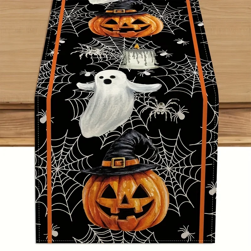 1pc Halloween Linen Table Runner Pumpkin Ghost Spider Web Print Linen Tablecloth Decor for Dining Table Kitchen Living Room Holi