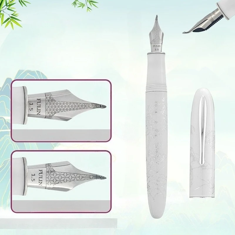 PK Hongdian Pen White Resin Fountain Pens Flex Nib Bent Curved 1.5mm Tip Calligraphy Ink Pen Practice Outdoor Travel Writing