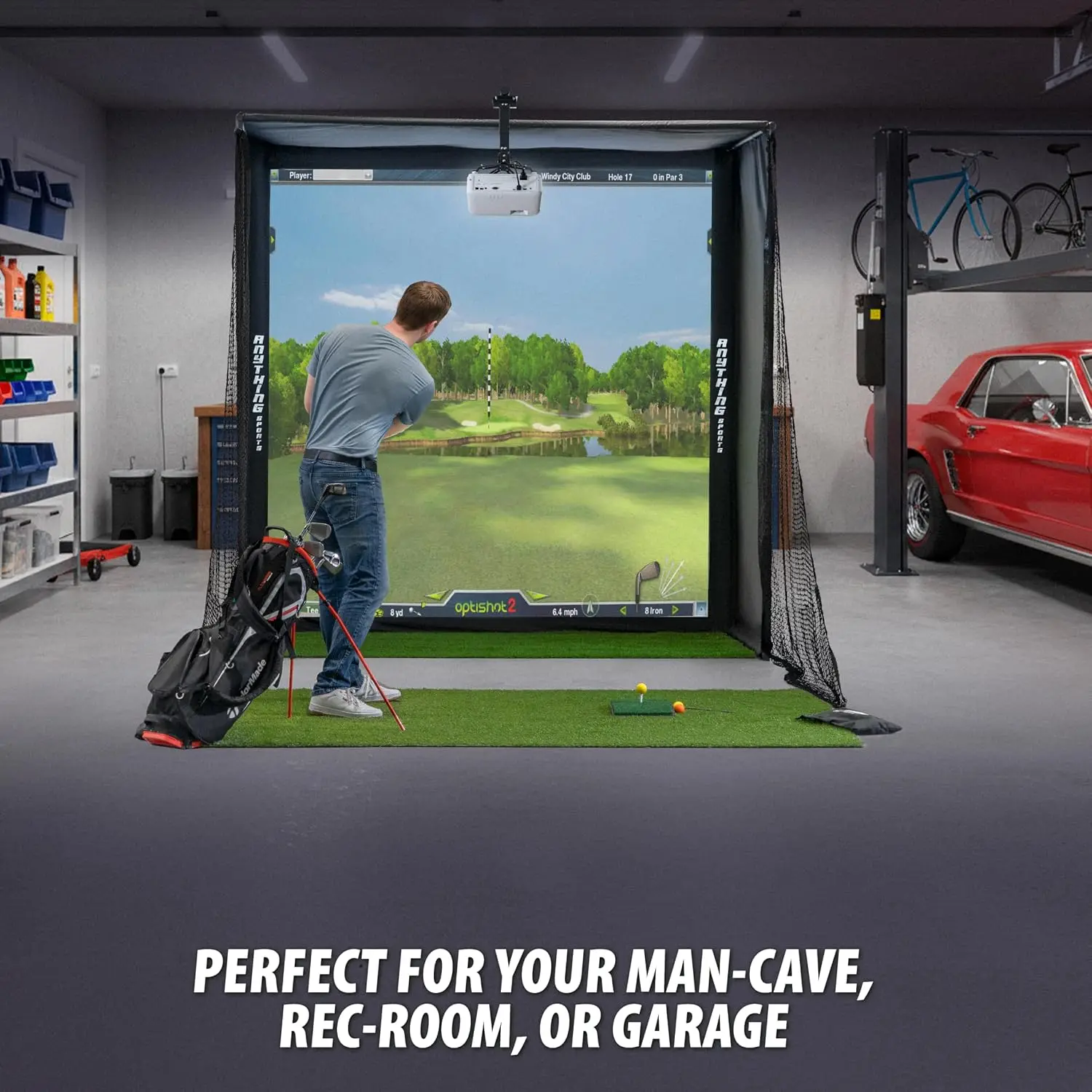Complete Golf Simulator Enclosure Package - 4K-Ready Impact Screen with Blackout Cage, Projector Mount, Frame Poles, Side