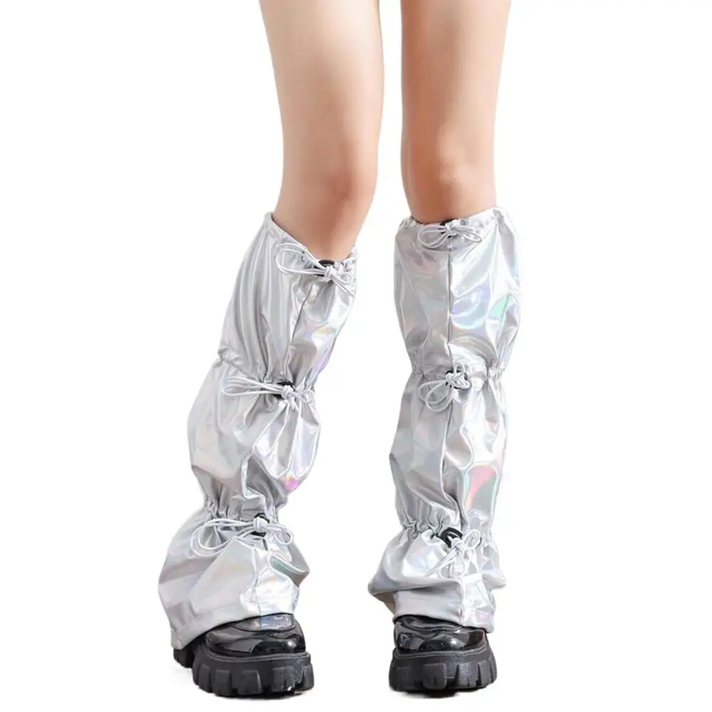 Drawstring Buckle Knee Length Socks Leg Warmers Polyester Y2K Ruched Baggy Loose Leg Cover Silver Color Harajuku