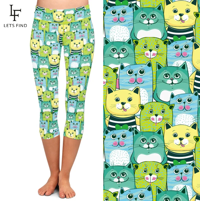 LETSFIND Cute Cartoon Cats Printing High Waist Capri Leggings High Quaility Stretchy Slim Mid-Calf Leggings