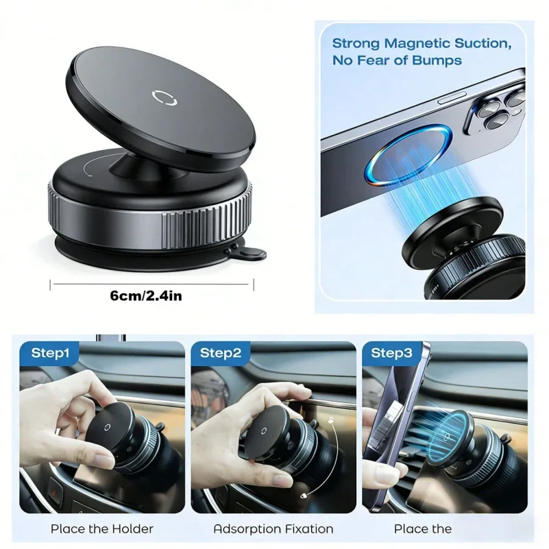 Upgraded Foldable Magnetic Car Phone Holder –360° Rotatable Vacuum Suction Cup for Dashboard ABS Material (Smooth Surfaces Only)
