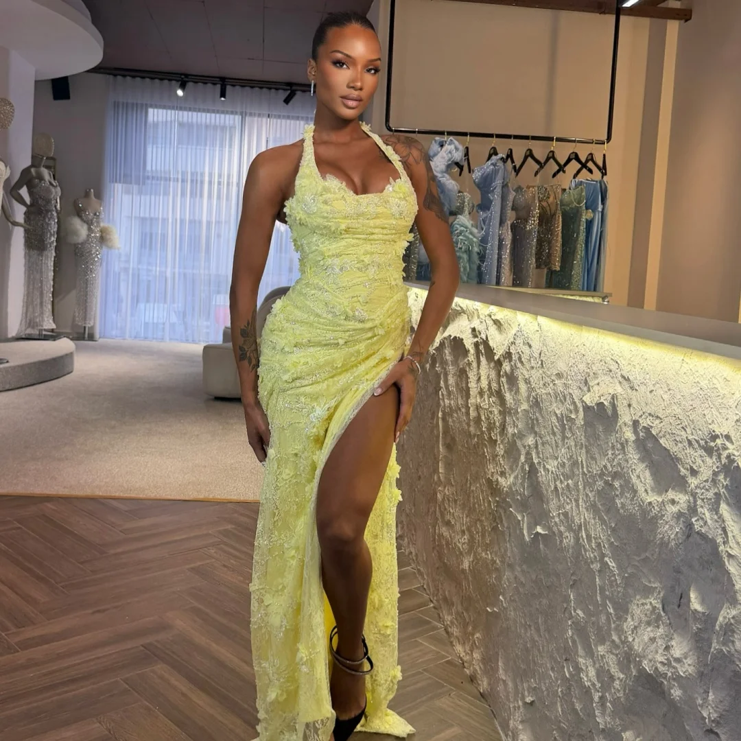 بيلا مخصصة شاحب أصفر الرسن الرقبة الأزهار الدانتيل الجلباب دي سواريه عالية الشق ثوب طويل فساتين الحفلات الأنيقة أنيق 2025