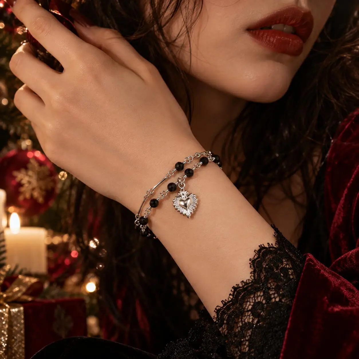 Gothic Sacred Heart Bracelet for Women, Double Layer