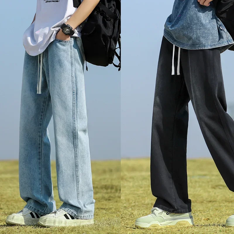 

Korean Elastic Waist Simplicity Y2K Jeans Homme Classic Baggy Drawstring Wide Leg Pants 2025 Hip Hop Casual Lace-up Male Jeans