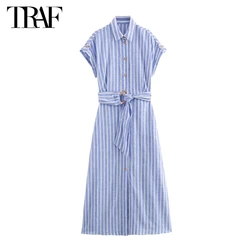 TRAF 2024 Striped Shirt Dress Women Short Sleeve Midi Dresses for Women Belt Summer Long Dress Woman Beach Womens Dresses