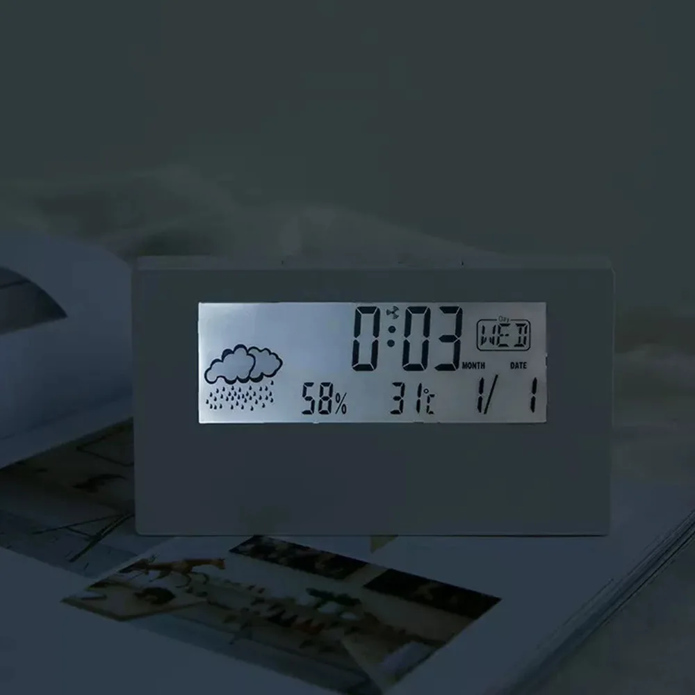 Reloj despertador de escritorio LED silencioso reloj electrónico meteorológico inteligente calendario perpetuo escritorio transparente
