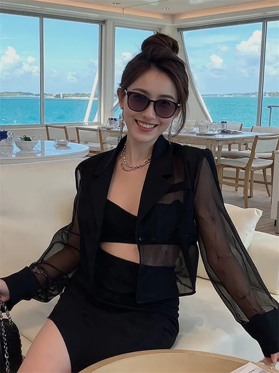 

Sun-proof Cropped See-through Back-Slit Blazers For Woman With Designs Clothes Women Summer Minimalist Commute Short Wrap Beige