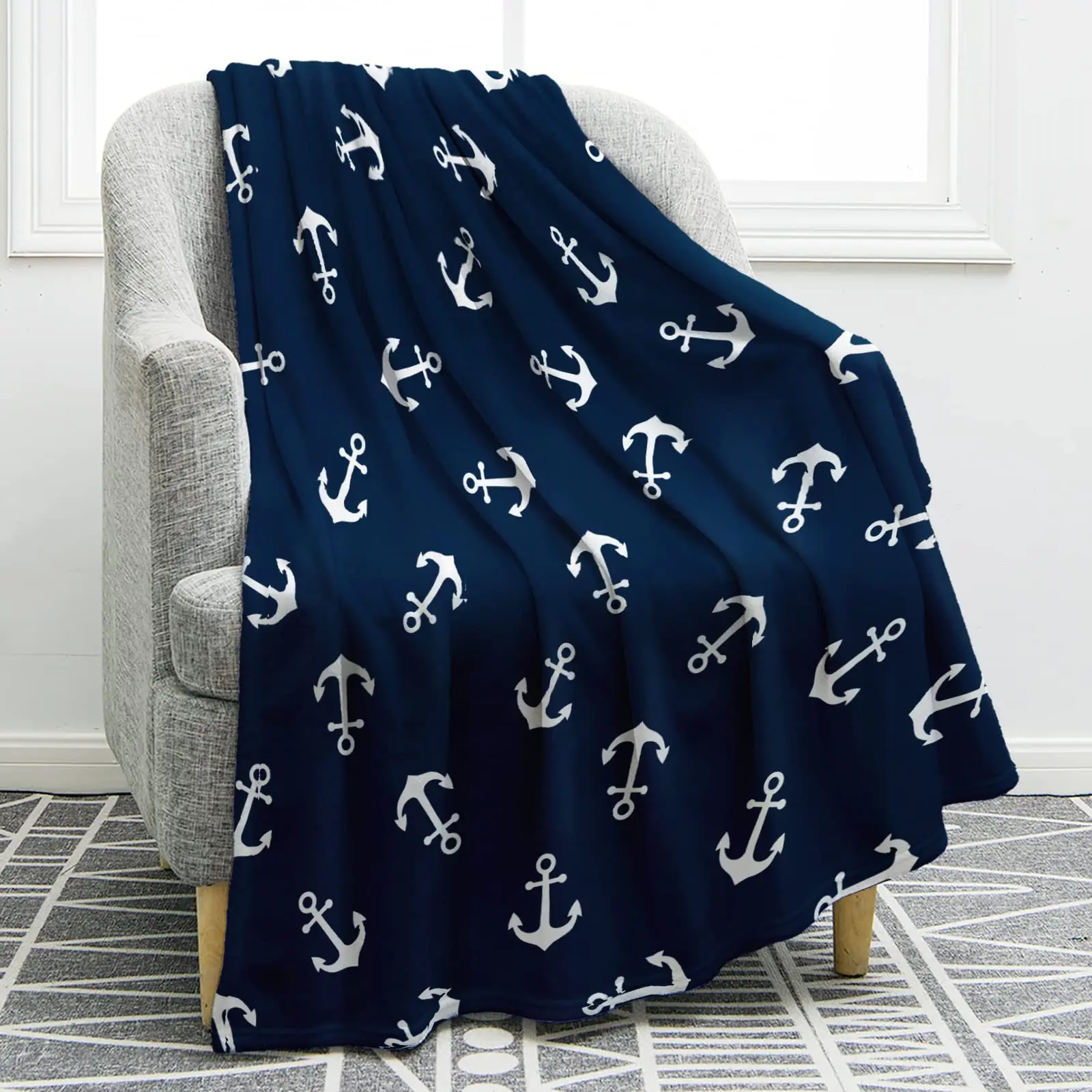 Marine Anchor Series Printed Blanket for Sofa Bed Travel Camping Living Room Office Conditioning Blanket for All Seasons Gifts