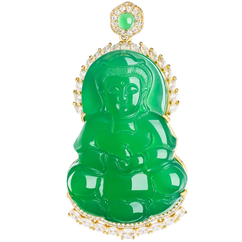 أحدث زجاجة نظيفة من العقيق الأخضر الطبيعي الأصيل Guanyin النحاس المطلي بالذهب والثلج قلادة نسائية عصرية
