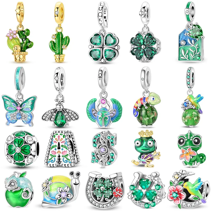 New 925 Sterling Silver Green Four Leaf Clover Beetle Chameleon Charms Pendant For Women Fit Original Bracelet DIY Jewelry Gifts
