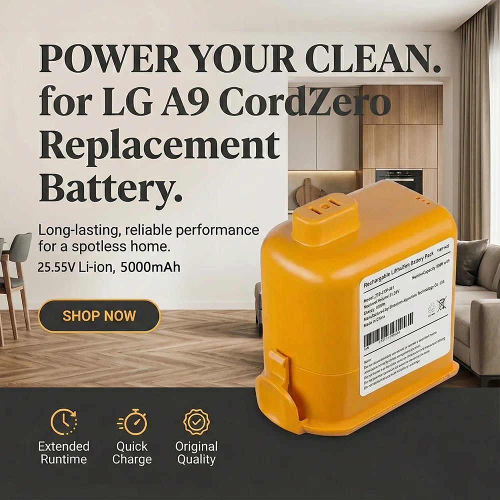 

Vacuum Cleaner Battery for LG A9 CordZero A9S A905M A907GMS A908MVR Replacement 25.55V 5000mAh Li-ion Rechargeable Pack Parts