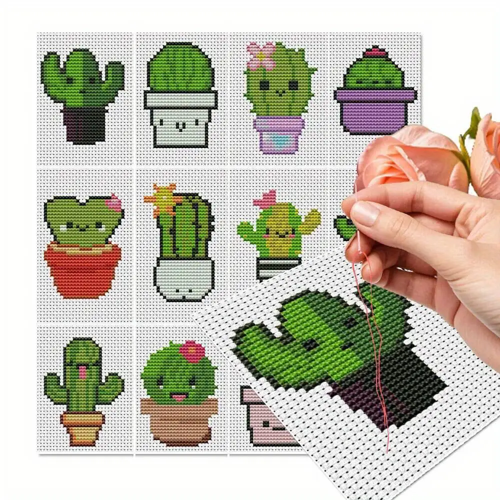 12Pcs Cacti Cross Stitch Flowerpot Kit 11Ct Printed Fabric Embroidery Plant Cotton Thread Decoration Living Room