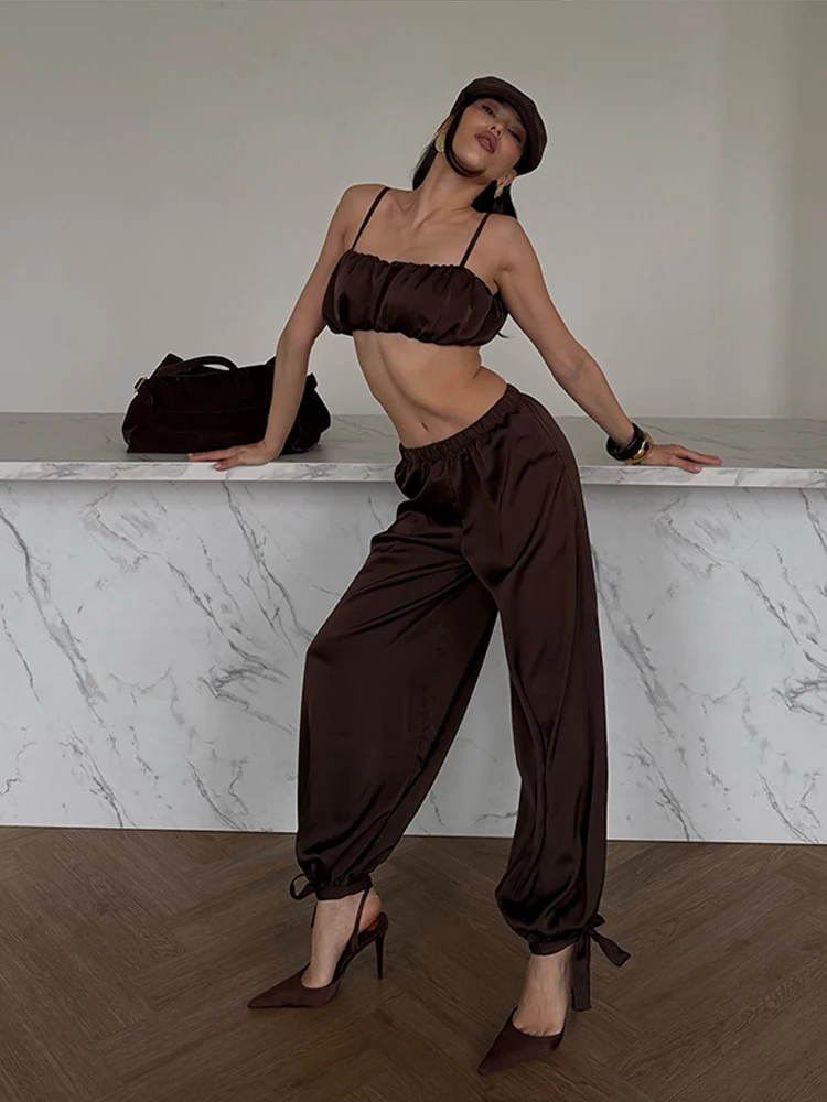 Plissierte kurze Tube-Tops, Hosenanzüge für Damen, sexy Spaghettiträger, ärmelloses, kurzes Top, elastische Taille, Schnürhose, neue Outfits – Detail 36