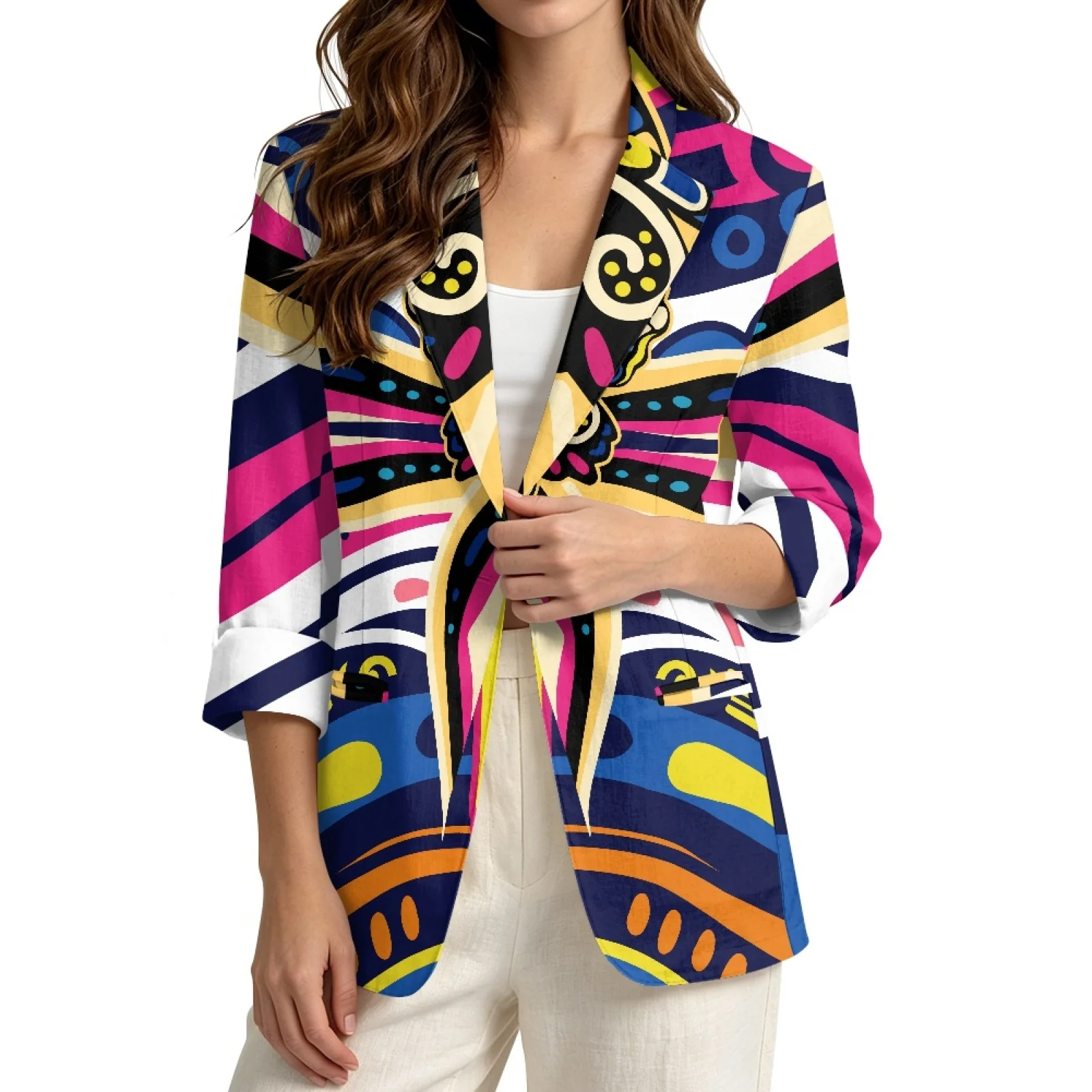 PENSTROLL Colorful Butterfly Pattern Linen Style Cardigan Cover Up Jacket Casual Cardigan Coat for Women Sizes S-3XL