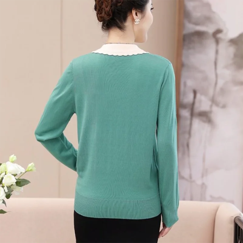 

Middle-aged Women's Pullovers Sweaters Autumn NEW Lapel Long Sleeve Knitted Jumper Female Casual Loose Diamond Thin Wool Sweater