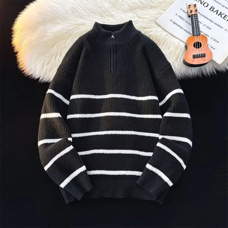 

Men's Zippered Ne Knitted Sweater f High Autumn Winter Stripe Base Layer irt Hong Kong Sle Casual Knitted Line Top