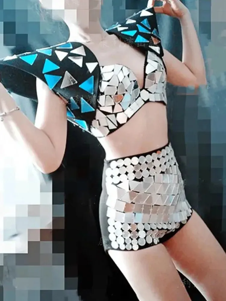 Glitter Silver Mirror Armor Vest Male Women Jazz Dance Team Costume Halloween Cosplay Costume Stage Accessories Festival Show