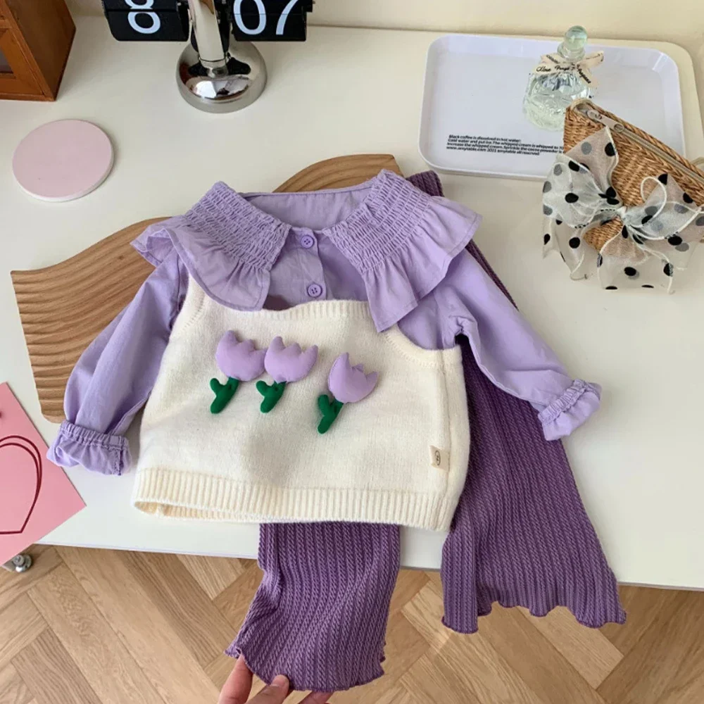 New Polo Collar Applique Shirt+Tank Top+Pants Three Piece Set Children's Clothing Casual Kids Clothes Menoea  Girls' 2026 Autumn