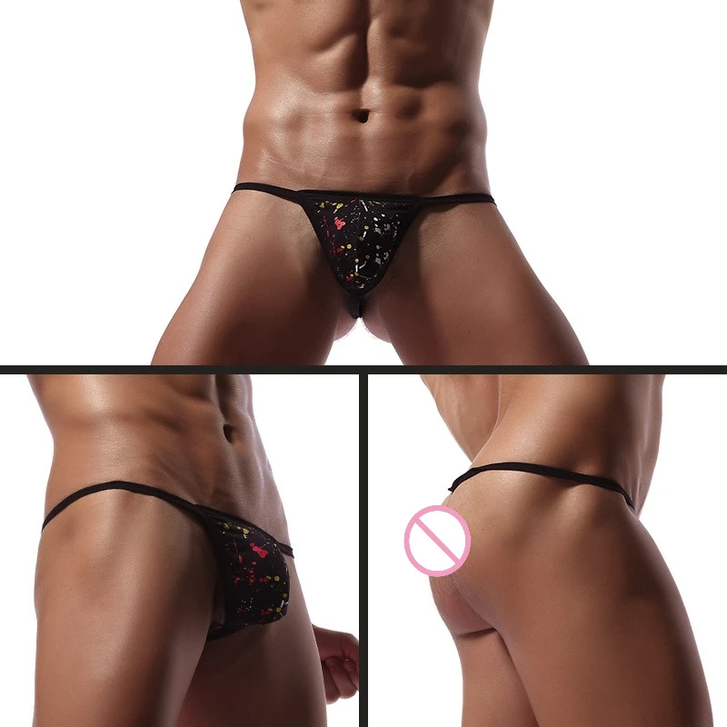 Men's Sexy Pouch G String Print Low Rise T-back Thong Micro Underwear Soft Cotton Breathable Panties Minimal Coverage Tangas