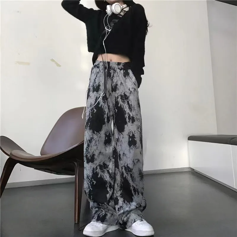 Casual Pants Women 2024 Spring New Versatile High Street Tie-Dye Straight Loose High Waisted Full Length Drawstring Pants Female