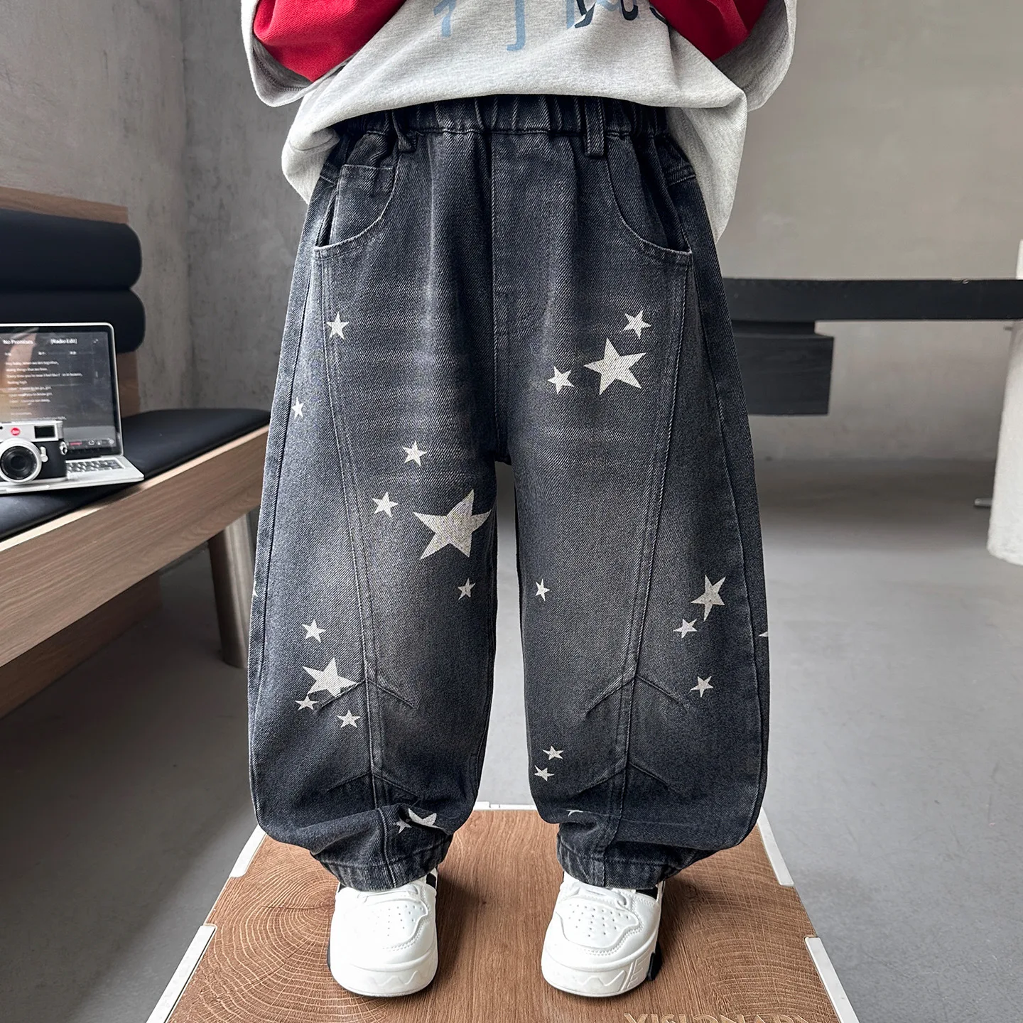 Children Star Print Trousers Boys Jeans Autumn Elastic Wiast Boys Pants Loose All-match 2-11Years Big Boys Straight Pants