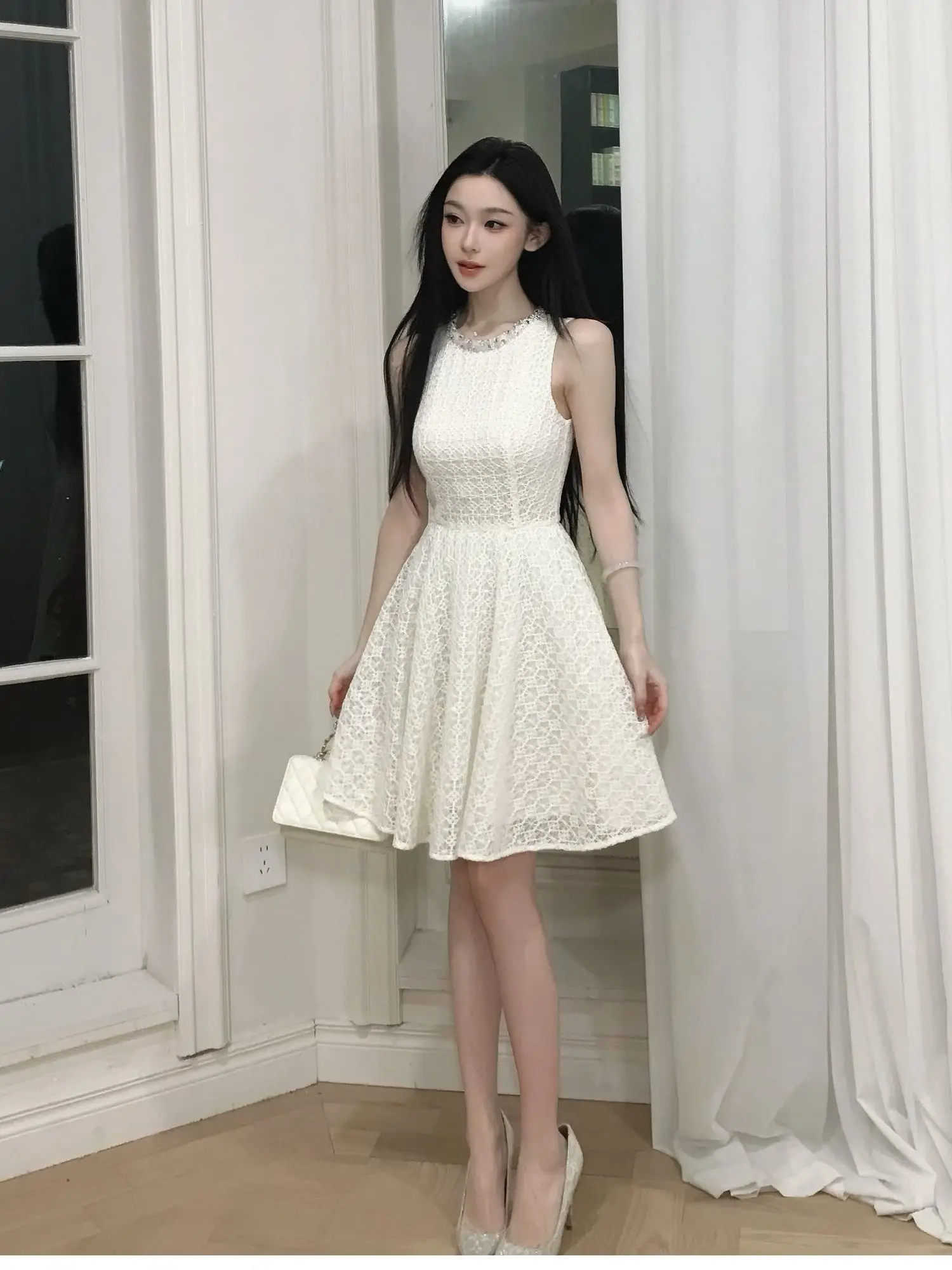 

Youenbb White Tea Quiet Joy Gentle Heavy Work Mesh Weave Waist Cinching Slimming Dress High Waist A-Line Skirt Tube Top