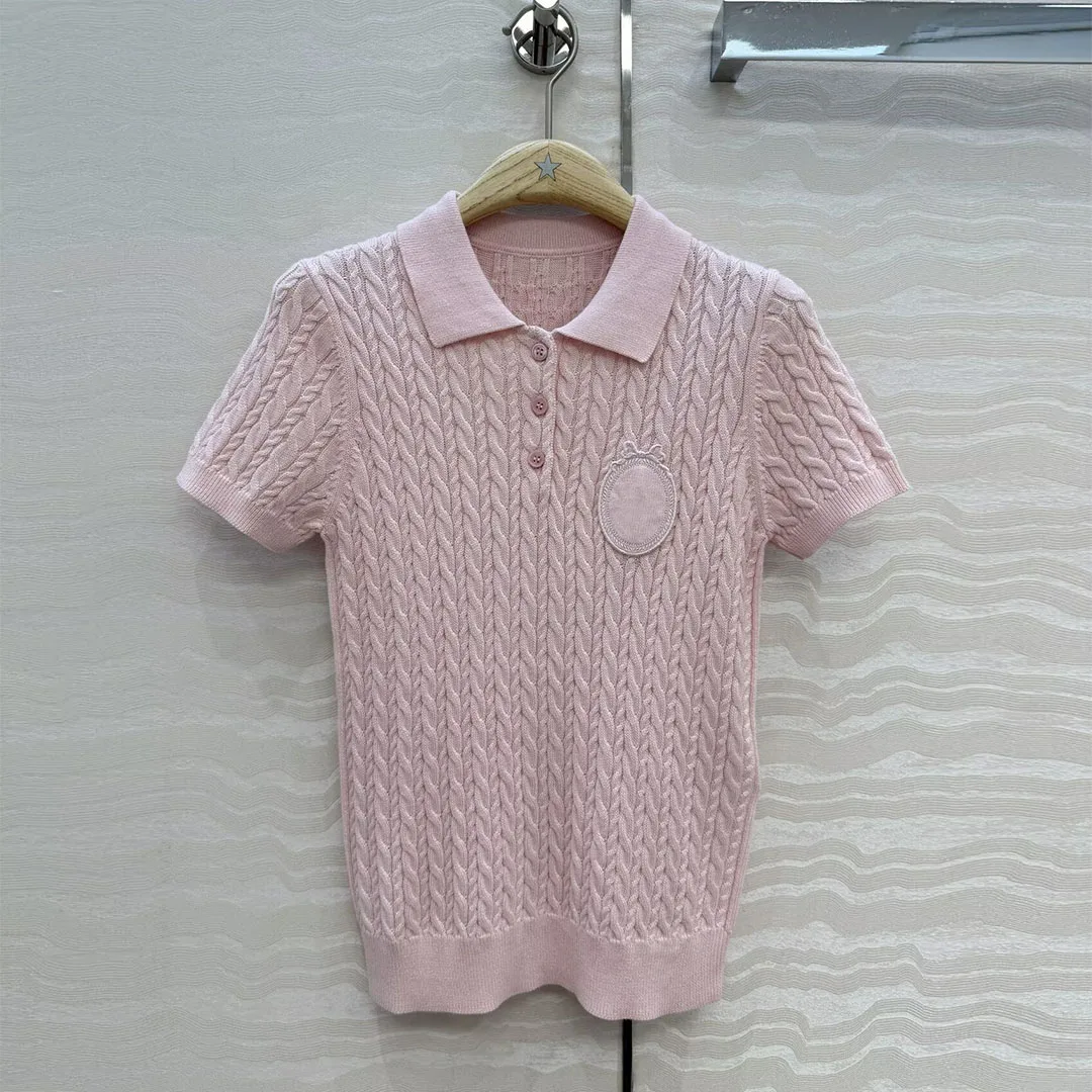 2026 New Summer Slim Fit Cotton Knitted Tops Women Lapel Short Sleeve Solid Color Jacquard Twist Embroidery Cute Casual T-shirt