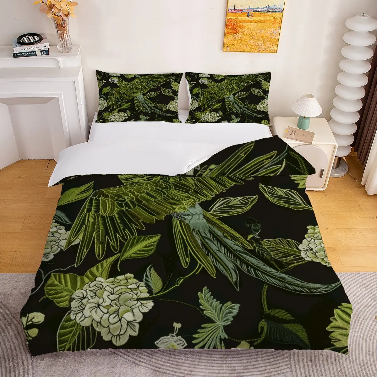 Funda nórdica loro verde Juego de funda nórdica loro y flores, 1 funda nórdica y 2 fundas de almohada