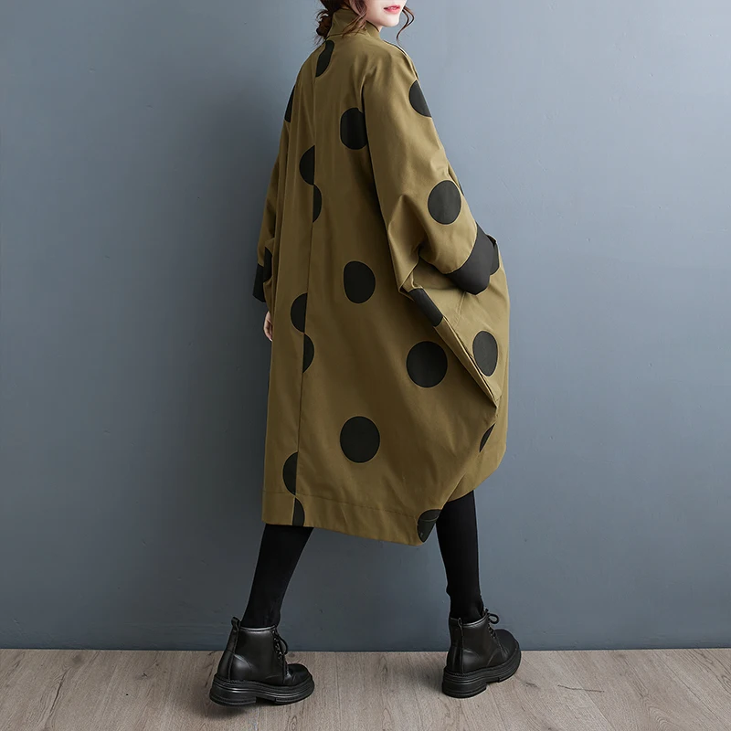 

plus Size Women's Casual Print Windbreaker Coat Stand Collar Batwing Sve Regular Thin Long Sve Autumn Faion