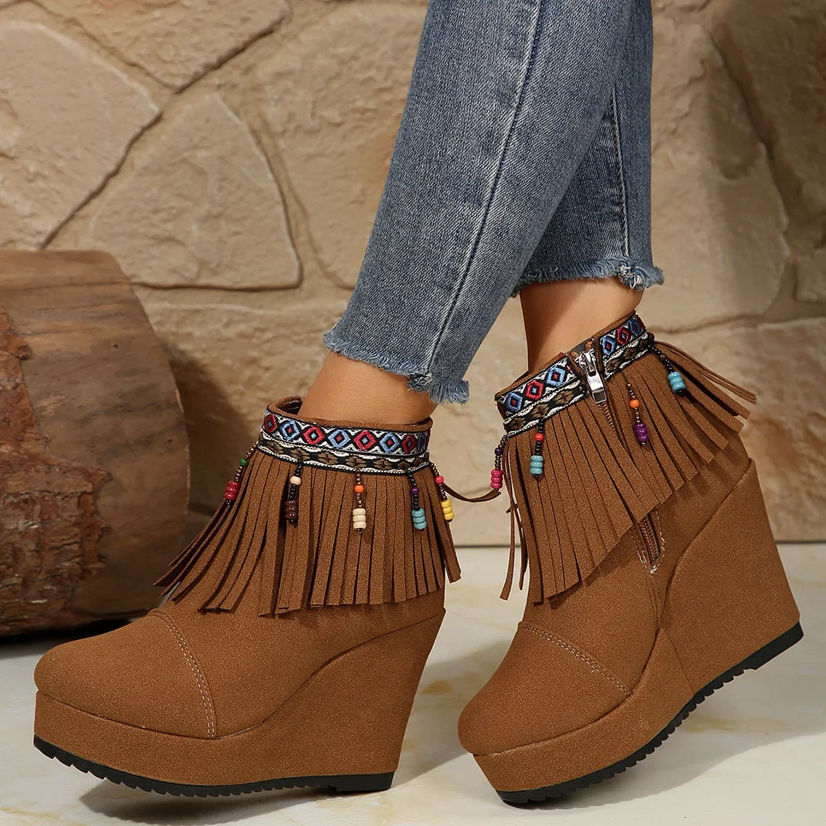 

2024 Autumn New Color Beaded Fringe Boots Short Wedge Heels Fashion Casual Women's Boots Big Size 36-42