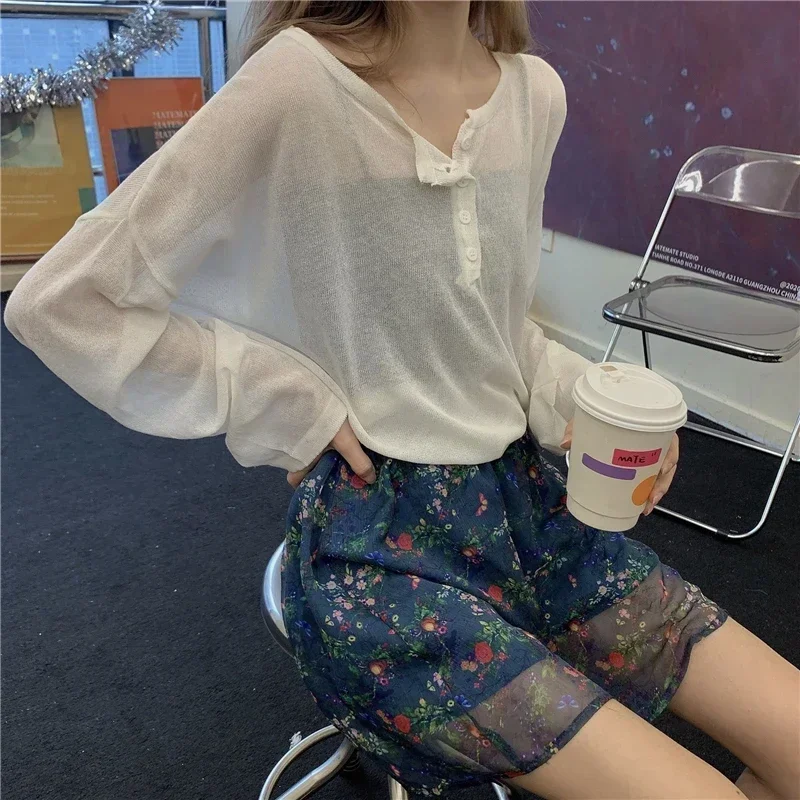 Summer Autumn Loose Sun Protection Suit Korean Fashion Pullover Long Sleeved Knit Tops Ladies Elegant T Shirt Cheap Wholesale