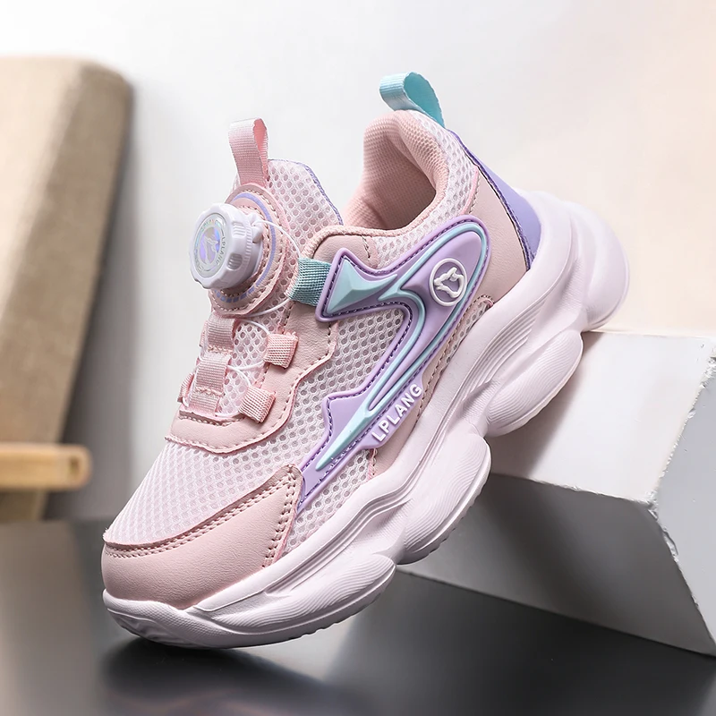 Girls Running Shoes Kids Sneakers Rotary Buckle Breathable Mesh Non-Slip Cushioned Sole Fashion Pink Purple Casual Outdoor Shoes