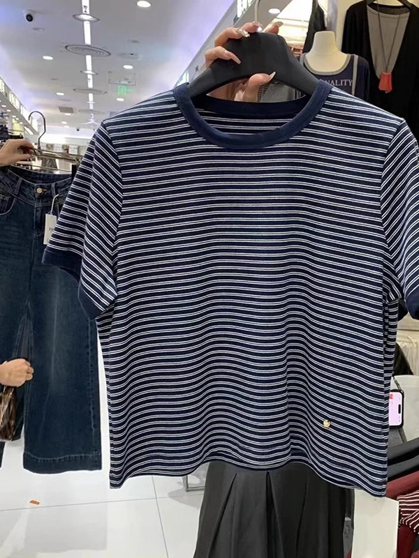 Lof op de! Onverslaanbare Sle! Koreaans gestreept ort Sve T-shirt Faionable veelzijdige jeugdige losse top voor dames