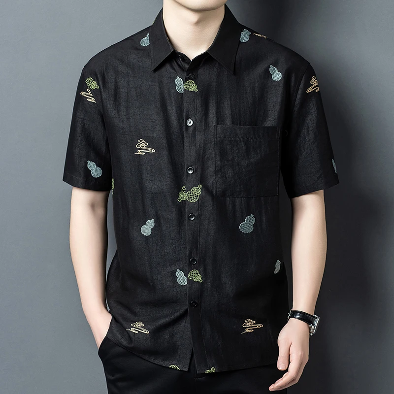 Embroidery Premium Shirts For Men Short Sleeved Real Silk 100% Summer Quality Gambiered Canton Gauze Loose Fit Camisas De Hombre
