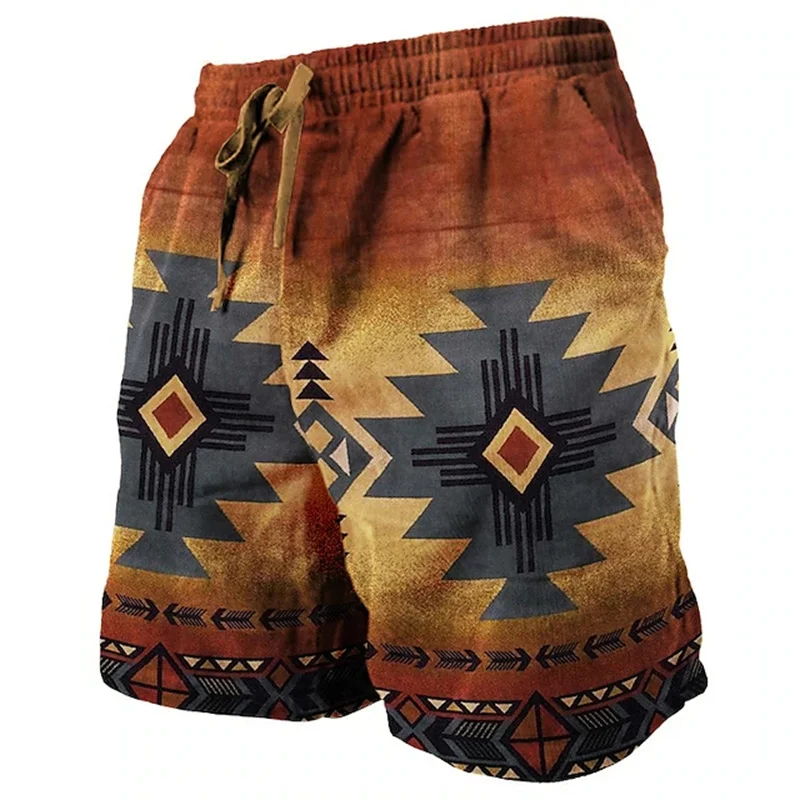 Totem étnico masculino impresso em 3D calças de praia, verão respirável shorts de rua fitness, cordão, tamanho grande