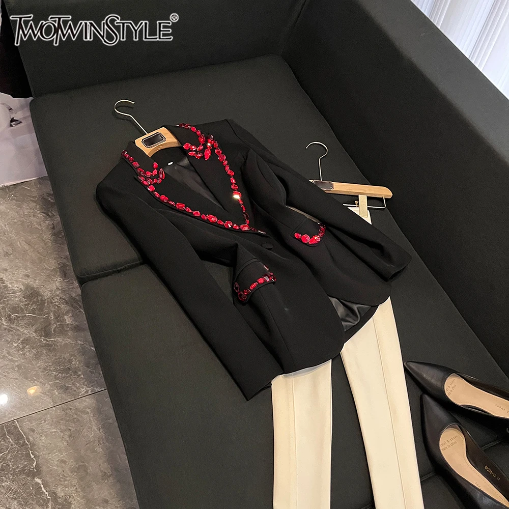 

TWOTWINSTYLE однотонные повседневные пиджаки с бриллиантами для женщин, темпераментные пиджаки с лацканами и длинными рукавами, женская мода, новинка KJA545901