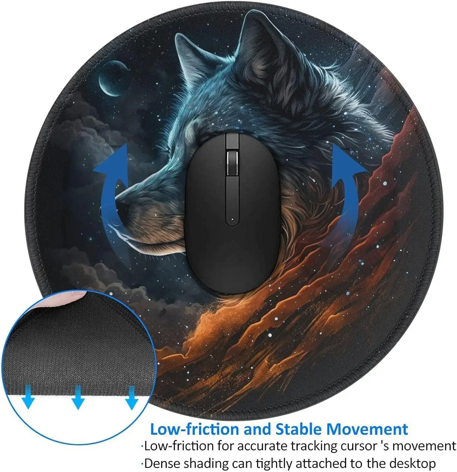 حصيرة ماوس فنية على شكل سماء نجمية وولف يونيفرس مع قاعدة مطاطية غير قابلة للانزلاق لوحة ماوس مستديرة لطيفة لمكتب الكمبيوتر المحمول مقاس 7.8 × 7.8 بوصة
