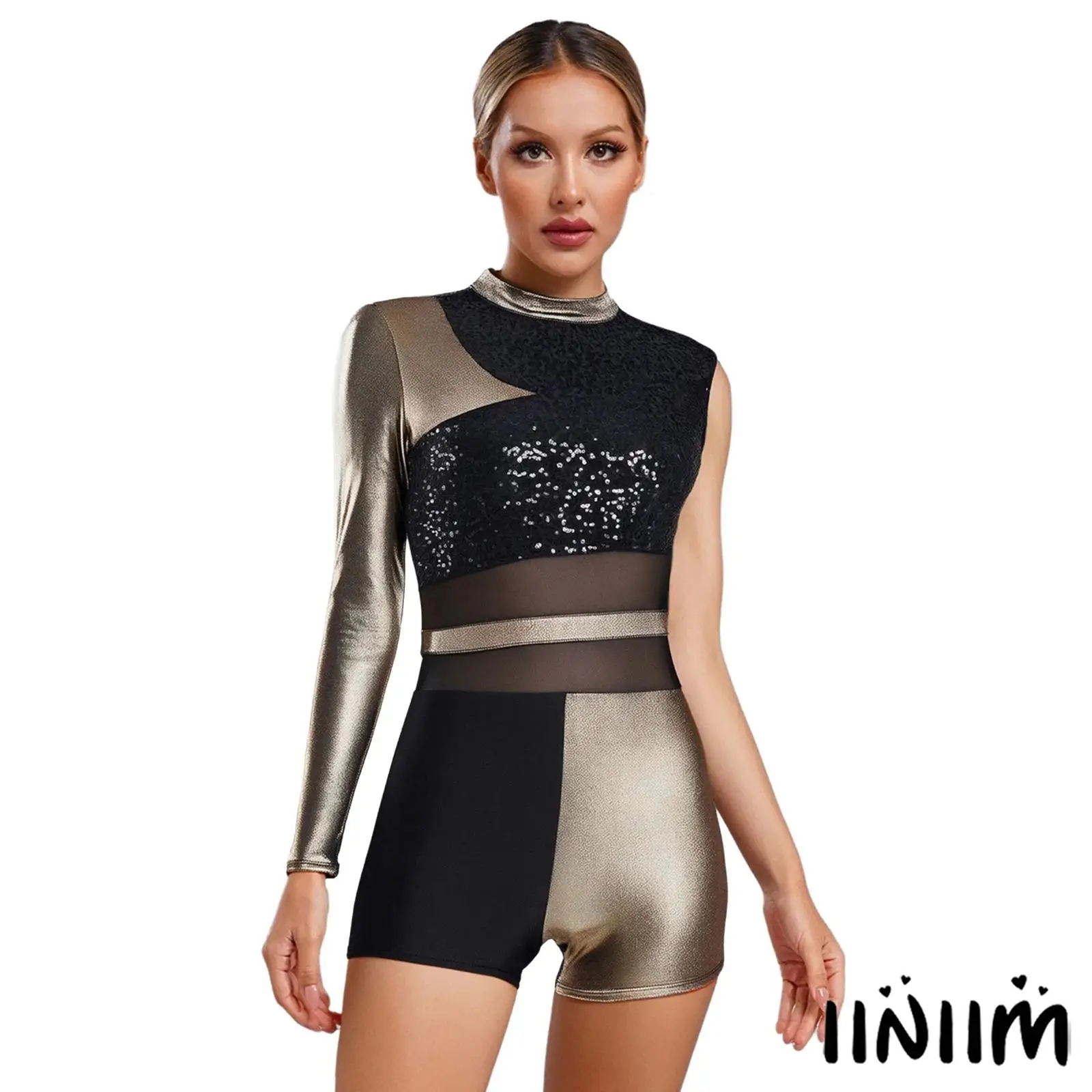 

Womens Latin Cha-Cha Dance Glittery Sequins Short Bodysuit Backless Round Neck Boyshort Ballet Dance Ballroom Performances