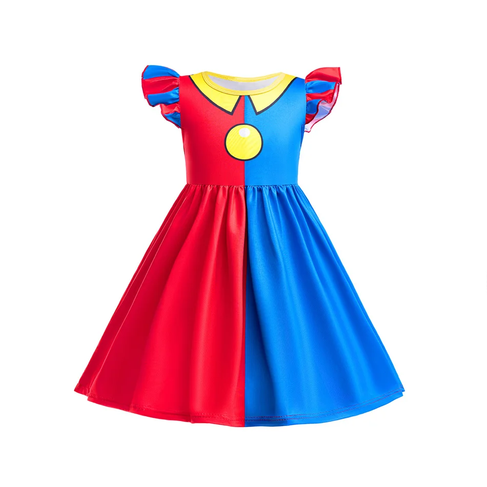 Girls Clown Cosplay Dress Color‑Block Ruffle Short Sleeve Costume Dress Kids Halloween Carnival Outfit Stage Performance Set