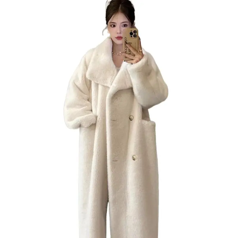 Faux Mink Fur Coat for Women, Double Breasted Jackets,Turn-down Collar Overcoat, Female Clothes, Winter,New