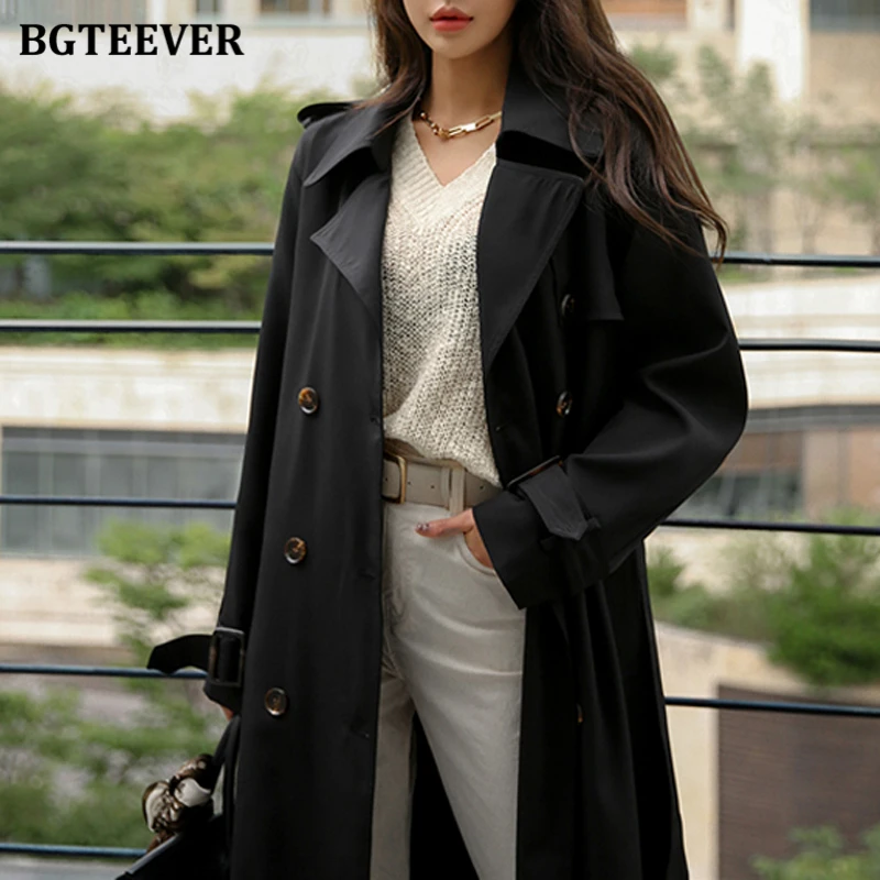 BGTEEVER Elegant Lapel Female Windbreaker Long Sleeve Loose Belted Double Breasted Women Trench Coats Autumn Winter Overcoats