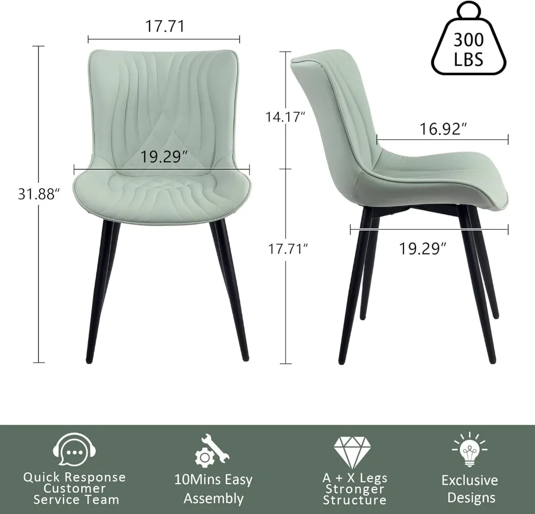 Dining Chairs Set of 2 Upholstered Mid Century Modern Kitchen Dining Room Chairs Armless Faux with Back for Bedrooms,Mint Green